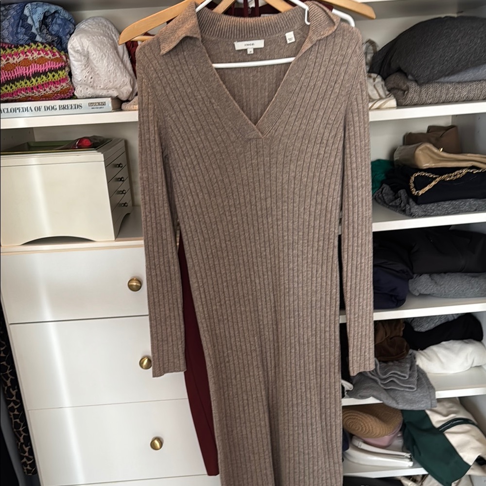 Vince Beige Long Sleeve Ribbed Dress